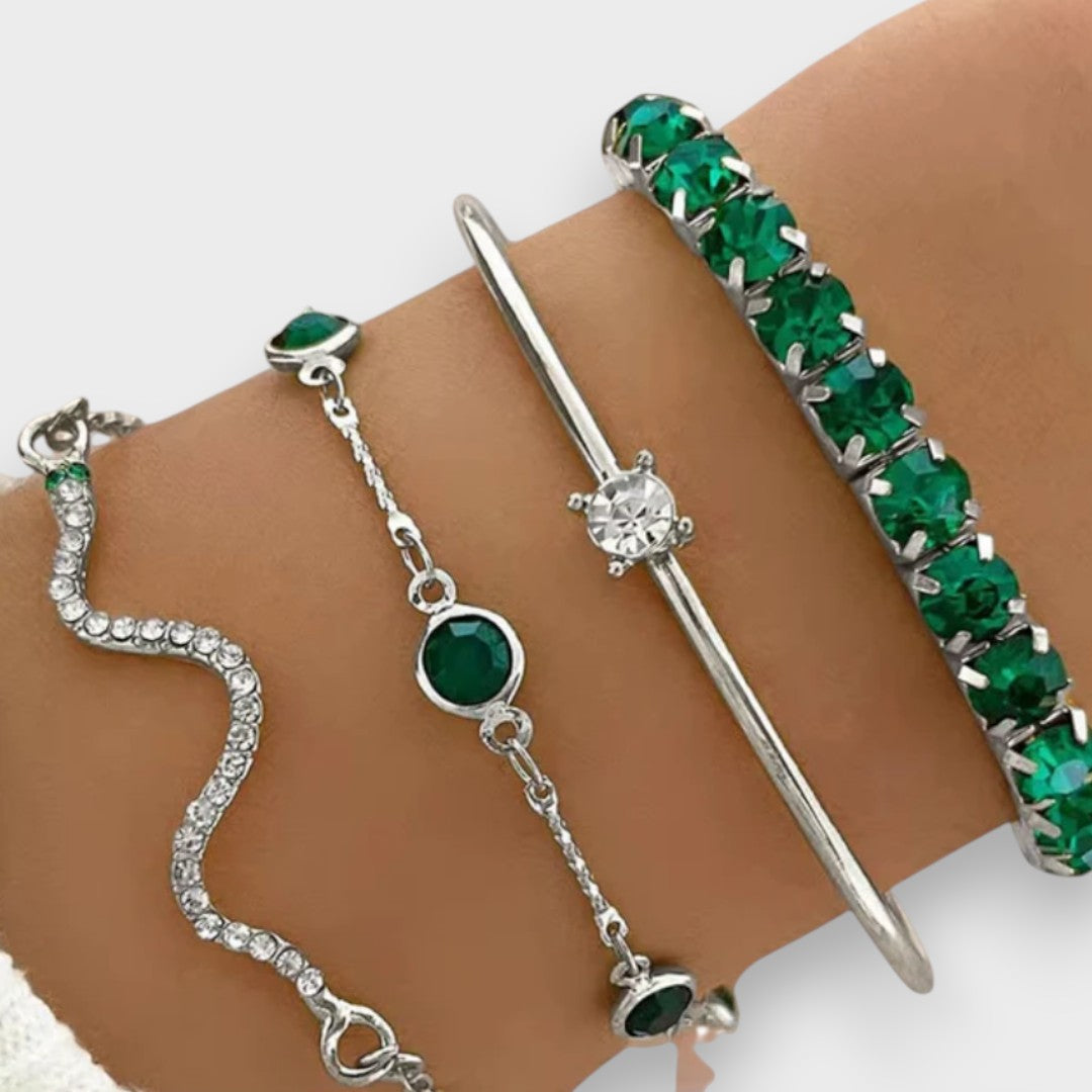 Keira | Zümrüt Kristalli ve Altın Detaylı 4’lü Bileklik Seti