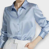 Akasya Nur | Bol Kesim Kadın Uzun Kollu İpek Gömlek Düz Renk Üst