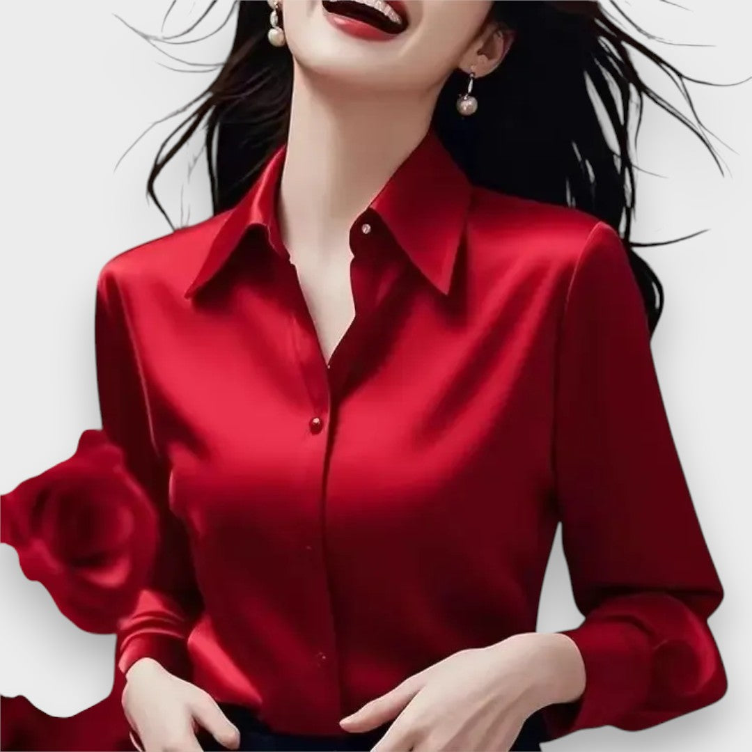 Akasya Nur | Bol Kesim Kadın Uzun Kollu İpek Gömlek Düz Renk Üst