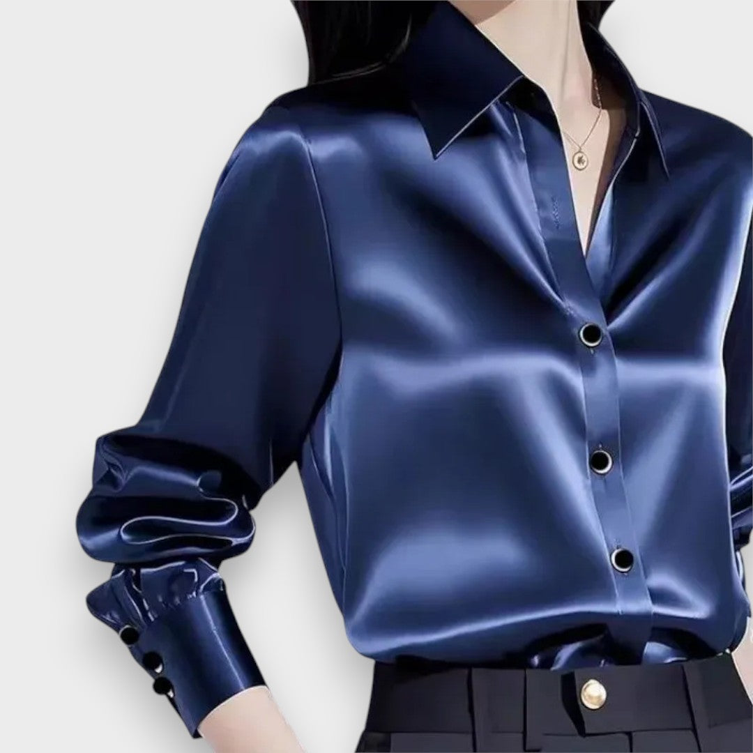 Akasya Nur | Bol Kesim Kadın Uzun Kollu İpek Gömlek Düz Renk Üst