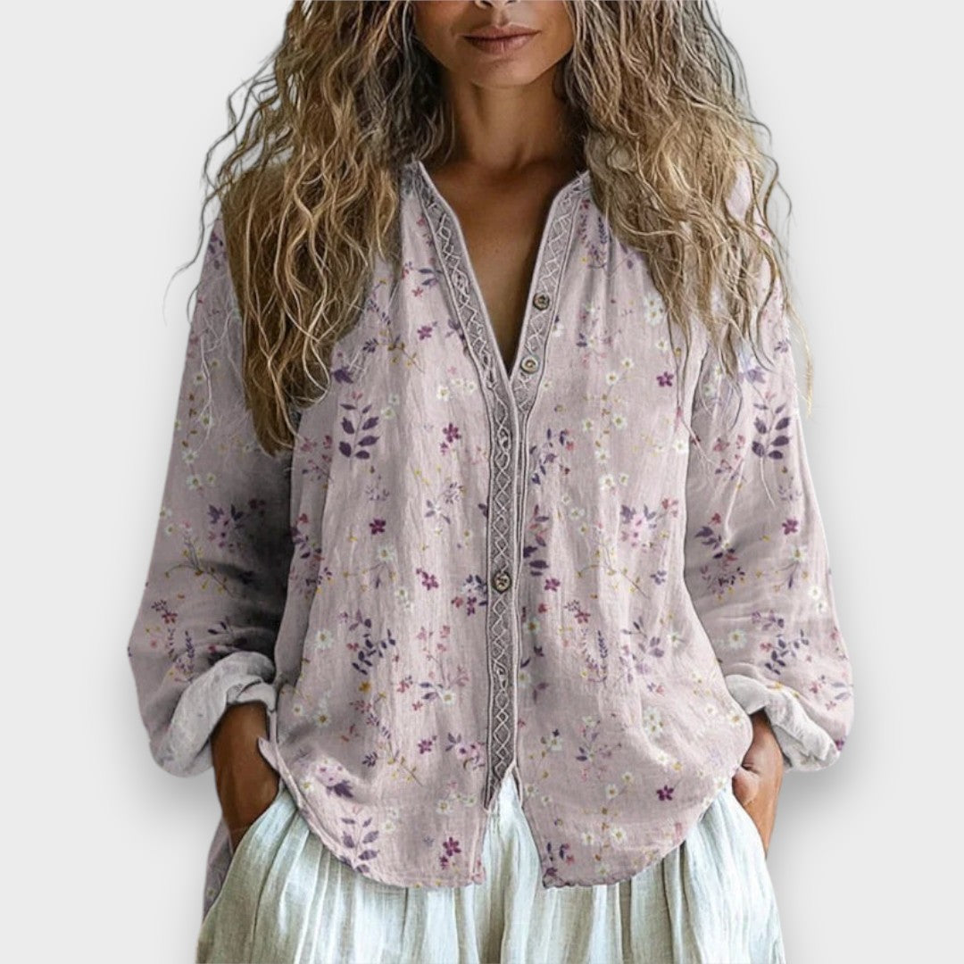 Fadime | Yaprak Desenli Vintage Bluz