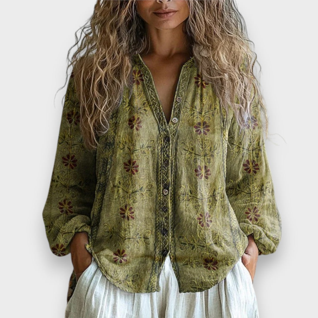 Fadime | Yaprak Desenli Vintage Bluz